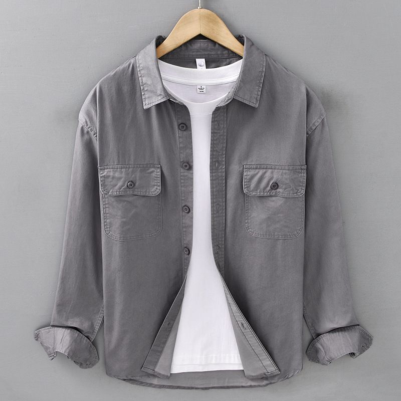 Cotton Casual Shirt Men's Long Sleeved Loose Versatile Top Workwear Double Pocket Shirt Jacket_viptrois.com