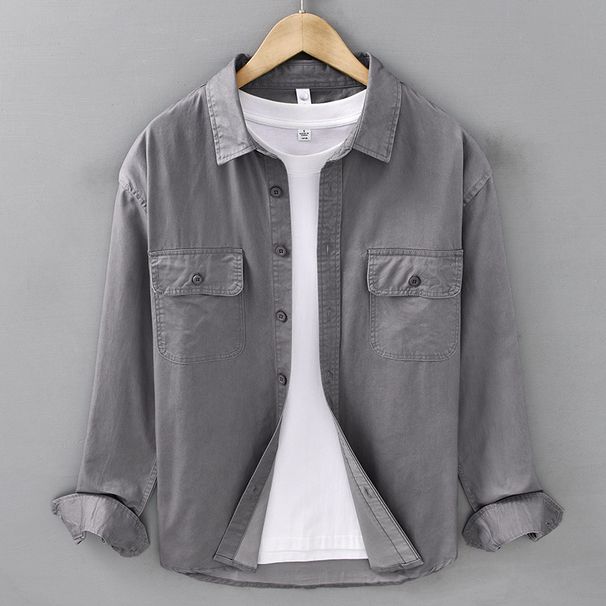 Cotton Casual Shirt Men's Long Sleeved Loose Versatile Top Workwear Double Pocket Shirt Jacket_viptrois.com