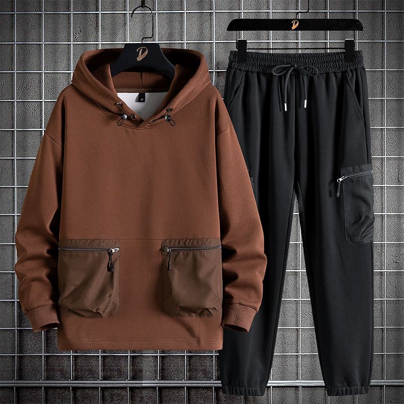 Men's Clothing Men's Spring and Autumn Korean Style Fashion Large Size Hooded Sweatshirt Loose and Comfortable Sweatpants a Complete Set_viptrois.com