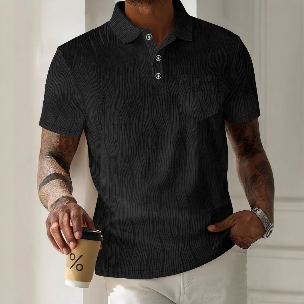 Men's New Lapel Button Pocket Corduroy Solid Color Casual Short Sleeved Polo Shirt_viptrois.com