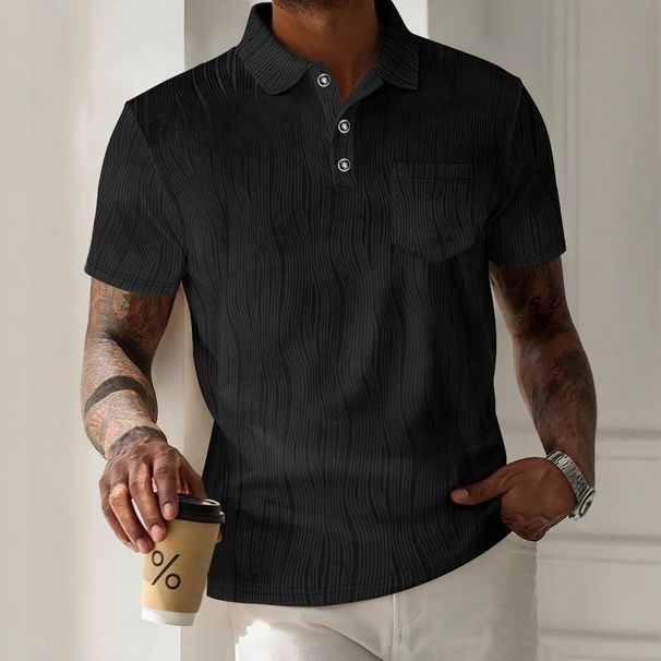 Men's New Lapel Button Pocket Corduroy Solid Color Casual Short Sleeved Polo Shirt_viptrois.com