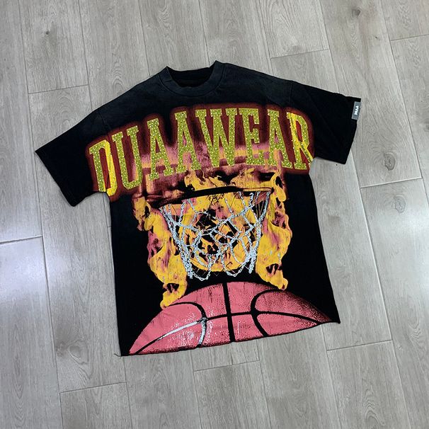 DUAA Rhinestone Short Sleeve T-Shirt For Men And Women, Casual Washed Black, Spring/Summer Streetwear_viptrois.com