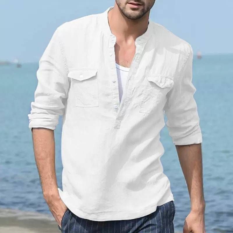 2025 Men's Cotton And Linen Casual Long-sleeved Shirt With Pockets, Loose-fitting Shirt_viptrois.com