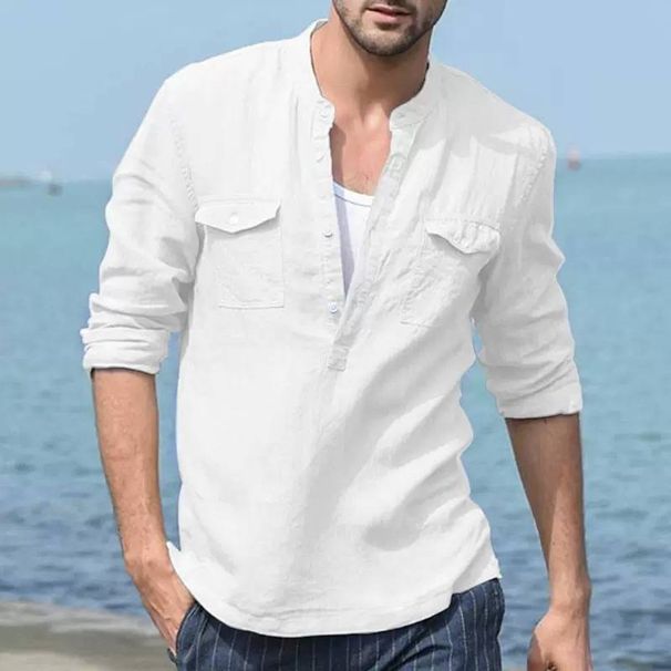 2025 Men's Cotton And Linen Casual Long-sleeved Shirt With Pockets, Loose-fitting Shirt_viptrois.com