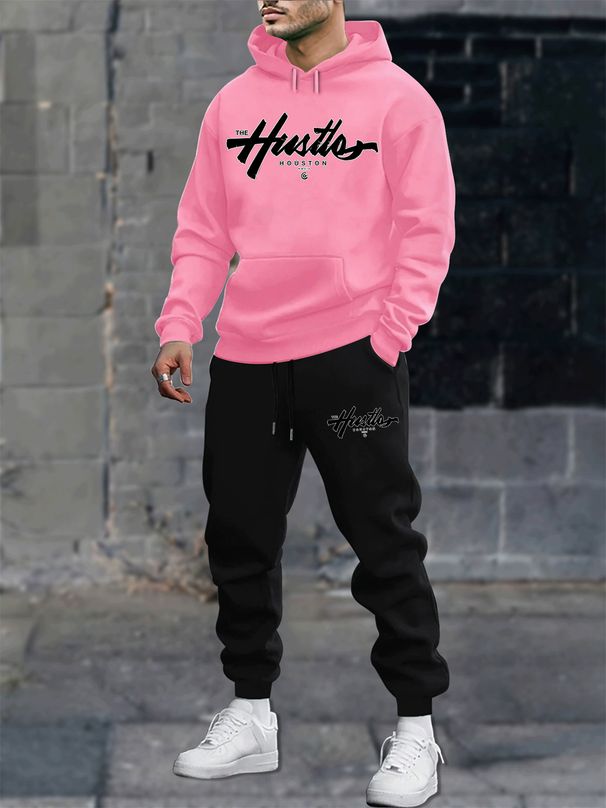 Men's Autumn And Winter Casual Fashion Houston Pattern Print Loose Suede Thick Hooded Sweatshirt+sports Pants Set_viptrois.com
