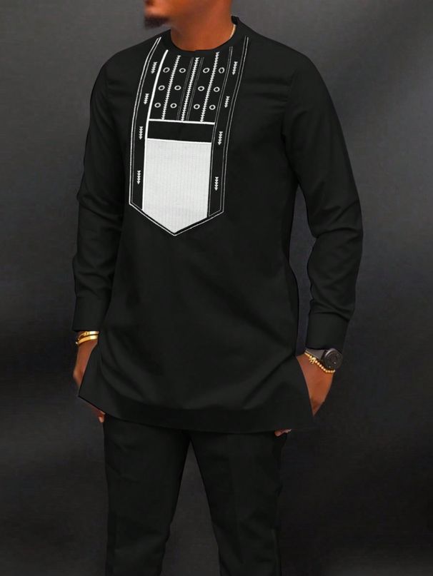 Men's Clothing Elegant Suit Pants Set Embroidery Round Neck Long Sleeve Solid Color Two Piece Social Ethnic Men's Wear Style_viptrois.com