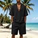 Men's Waffle Knit Short Sleeve Deep V Neck Casual Fashion Beach Shorts Style Suit_viptrois.com