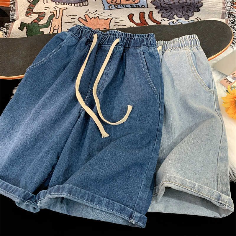 Men's Denim Shorts 5-Inch Inseam American Casual Washed Elastic Waist Straight Leg Summer Shorts_viptrois.com
