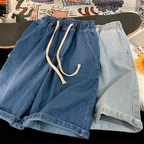 Men's Denim Shorts 5-Inch Inseam American Casual Washed Elastic Waist Straight Leg Summer Shorts_viptrois.com