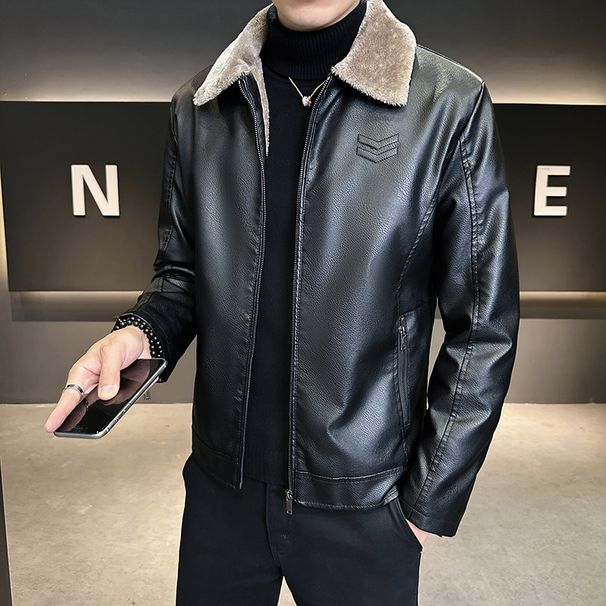 Fleece Leather Jacket Flow Fashion Light Business Casual Lapel Leather Jacket Fur Integrated Senior Medium Green Coat_viptrois.com