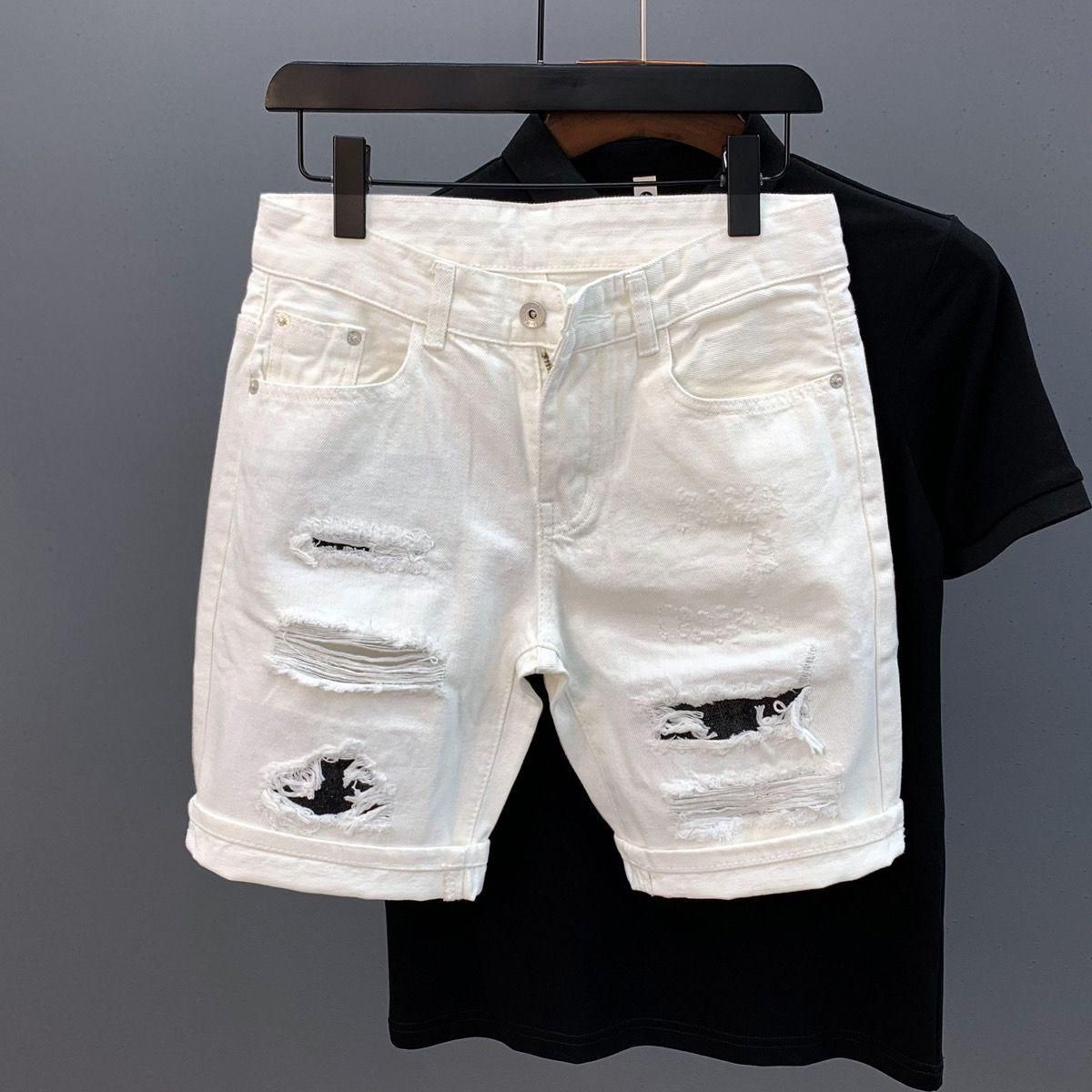 Men's Clothing Big Hole White Denim Shorts Trend Scratched Casual Non Elastic Shorts_viptrois.com
