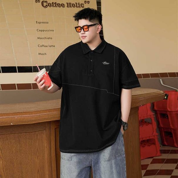 Summer Open-line Decorated Short-sleeved Polo Shirt For Men, A Trendy Brand, Loose, Overweight And Plate-sized Casual Embroidered Half-sleeve_viptrois.com