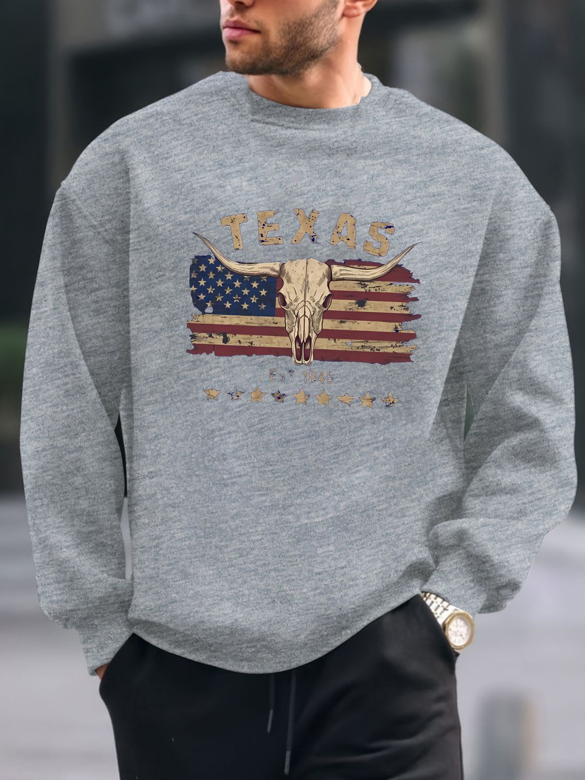 Men's Loose Casual Fashion American Wild West Printed Round Neck Long Sleeved Sweatshirt For Autumn And Winter_viptrois.com