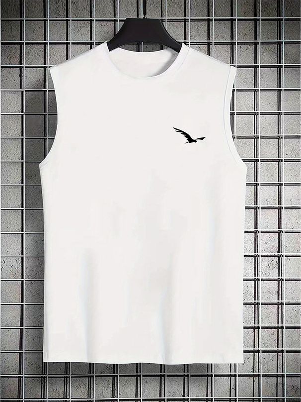 100% Pure Cotton Men's Summer Casual Sports Fitness Loose Bird Pattern Printed Breathable Round Neck Sleeveless Vest_viptrois.com