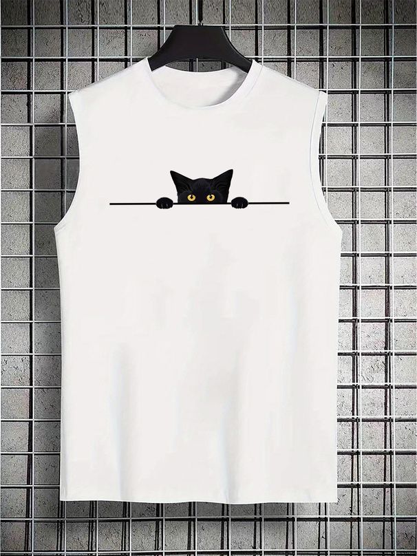 100% Pure Cotton Men's Summer Casual Sports Fitness Loose Black Cat Pattern Printed Breathable Round Neck Sleeveless Vest_viptrois.com