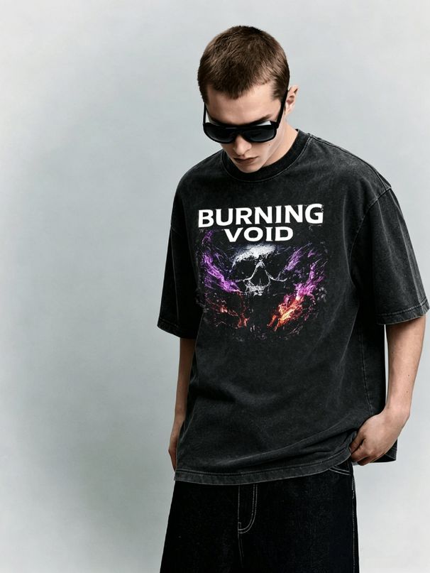 Men's Clothing Light Luxury T Shirt Short Sleeve Minimalist Burning Void Gradient Flame Skull Graphic Printing Round Neck T-Shirts_viptrois.com