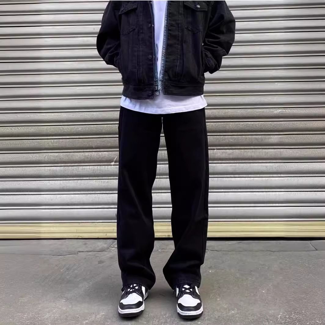 High Street Black Jeans For Men Loose Fit Versatile White Wide-Leg Retro Slimming Straight Casual Long Pants_viptrois.com