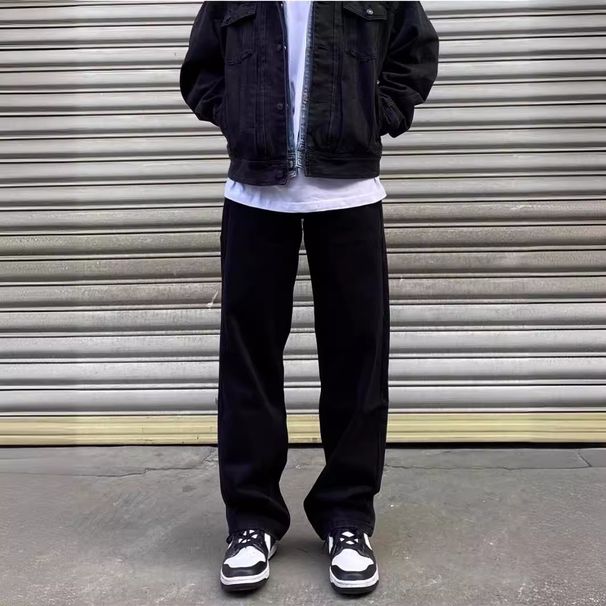 High Street Black Jeans For Men Loose Fit Versatile White Wide-Leg Retro Slimming Straight Casual Long Pants_viptrois.com