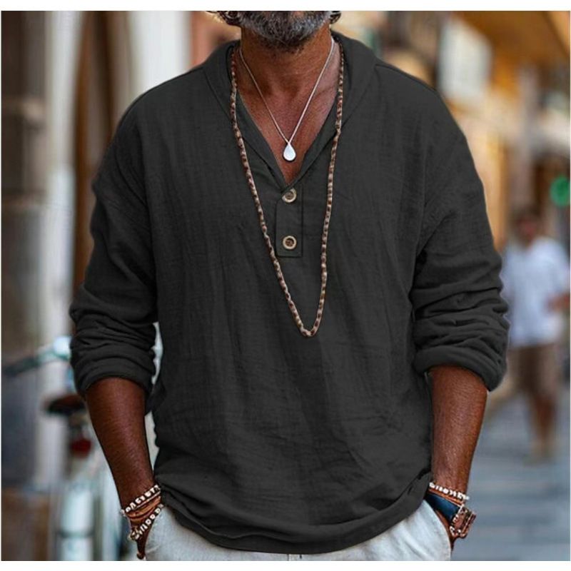 Men's Black Cotton Linen Henley Collar T-Shirt Long Sleeved Loose Fit Breathable Versatile Vacation Style Top New_viptrois.com