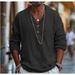 Men's Black Cotton Linen Henley Collar T-Shirt Long Sleeved Loose Fit Breathable Versatile Vacation Style Top New_viptrois.com