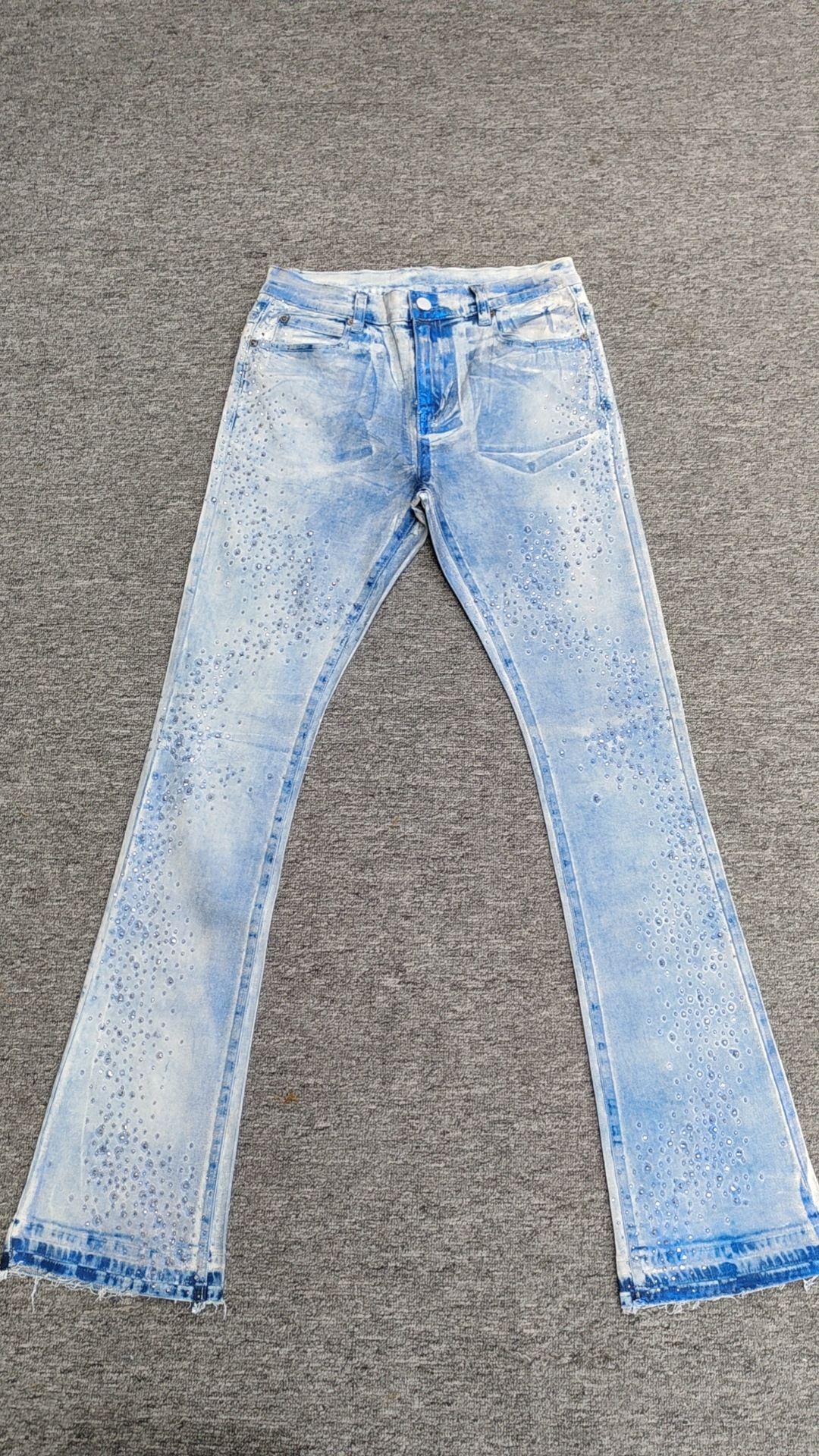 Men's Clothing Fashion Ins Blue Coated Gold Stamped Starry Sky Diamond Miscellaneous Denim Stacked Bell Bottom Pants_viptrois.com