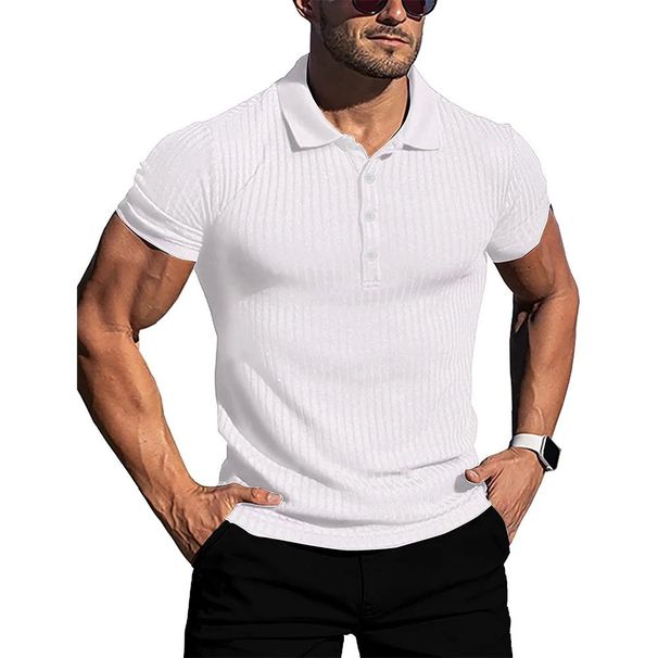 New Summer Solid Stripes Slim Fit Elasticity Short Sleeve Polo For Men Fashion Stand Collar Men's Shirts_viptrois.com