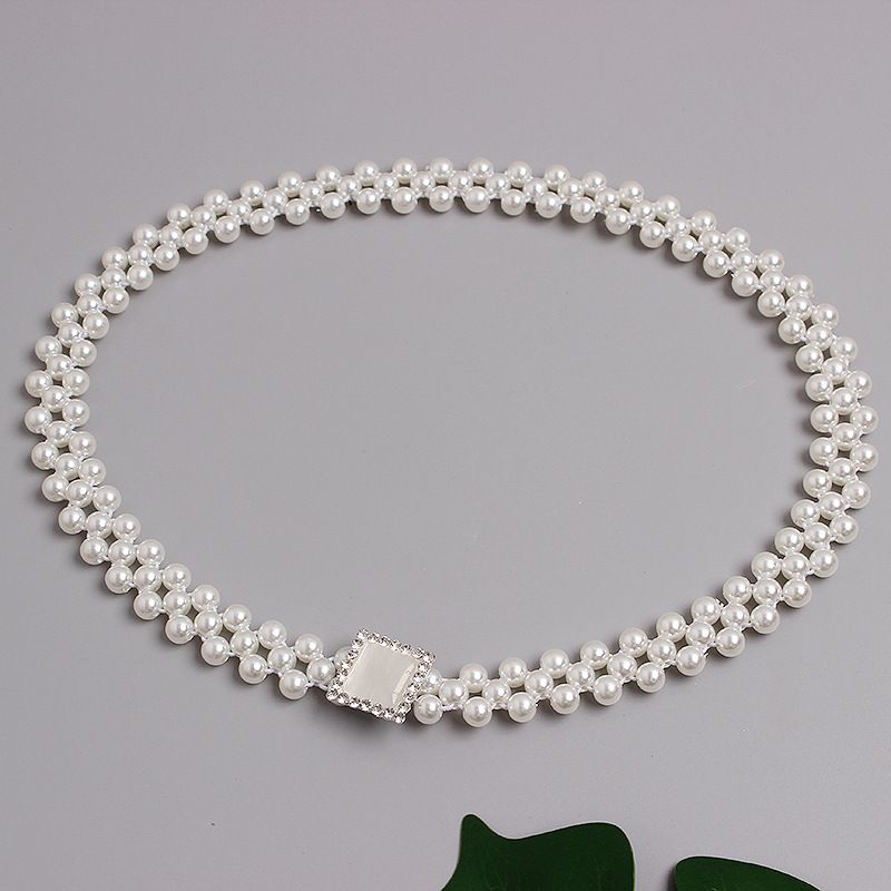 French retro pearl belt women's dress sweater accessories girdle versatile white elegant waist elastic chain_viptrois.com