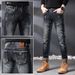 Slim Fit Distressed Patch Jeans For Men, Youth Style, Unique Vintage Straight Leg Pants_viptrois.com