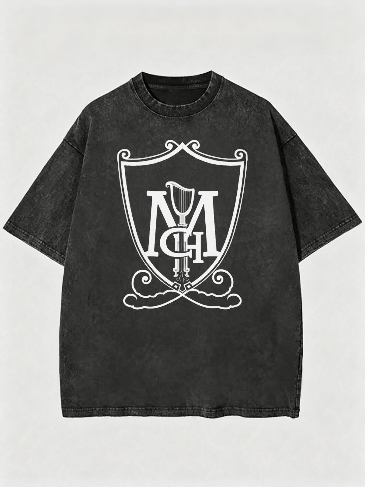 Vintage Washed Ornate Shield Harp MC Letter Crest Graphic 230g Cotton T-Shirt Men's Casual Streetwear Tee_viptrois.com
