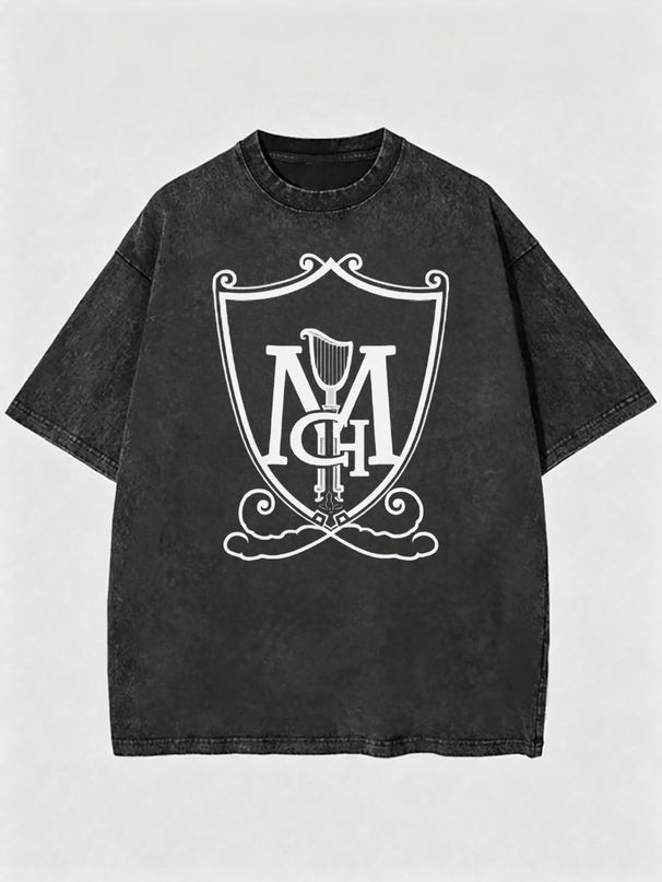 Vintage Washed Ornate Shield Harp MC Letter Crest Graphic 230g Cotton T-Shirt Men's Casual Streetwear Tee_viptrois.com