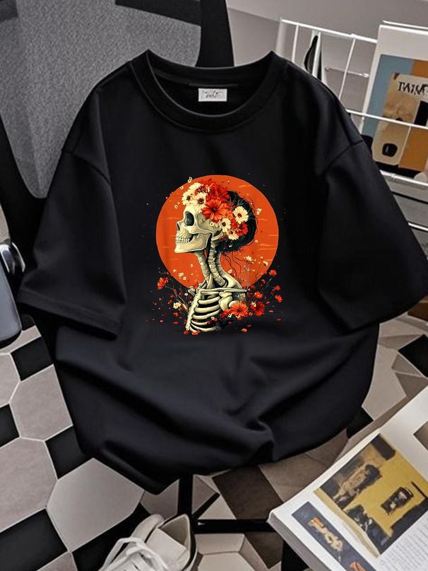 Sugar Skull Day Of The Dead Dia De Los Muertos Halloween T-Shirt Versatile Casual Stylish Stretched Breathable Streetwear Top For Everyday Wear_viptrois.com