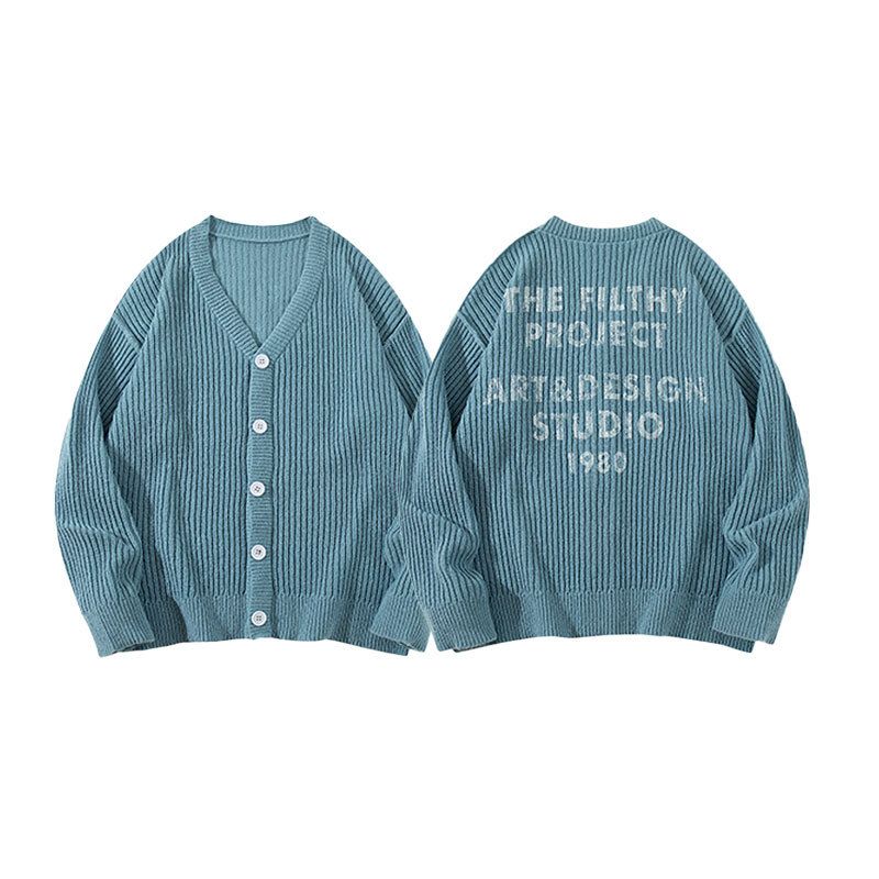 Men's Clothing Striped Solid Color Sweater Autumn/winter Style Lazy Style, Versatile Retro Striped Knit Cardigan - Unisex Oversized Sweater (Blue)_viptrois.com
