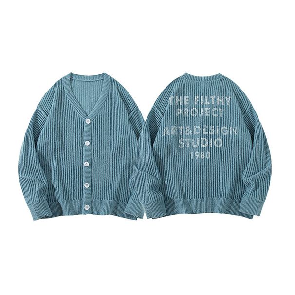 Men's Clothing Striped Solid Color Sweater Autumn/winter Style Lazy Style, Versatile Retro Striped Knit Cardigan - Unisex Oversized Sweater (Blue)_viptrois.com