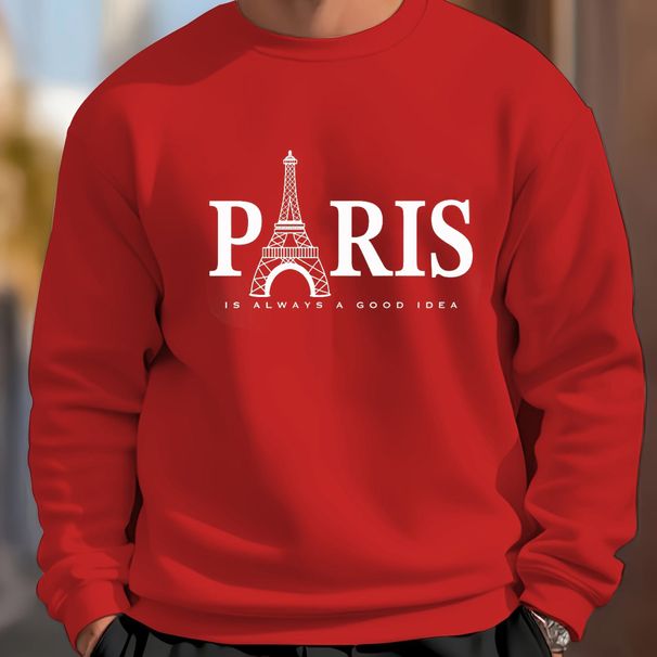 Men's Loose, Casual And Fashionable Parisian Letter Eiffel Tower Pattern Printed Round Neck Long Sleeved Sportswear For Autumn And Winter_viptrois.com