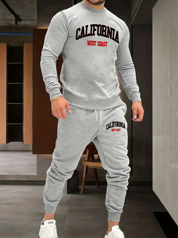 Men's Autumn/Winter Casual Warm California West Coast Printed Loose Thick Fleece Round Neck Sweatshirt+Sweatpants Set_viptrois.com