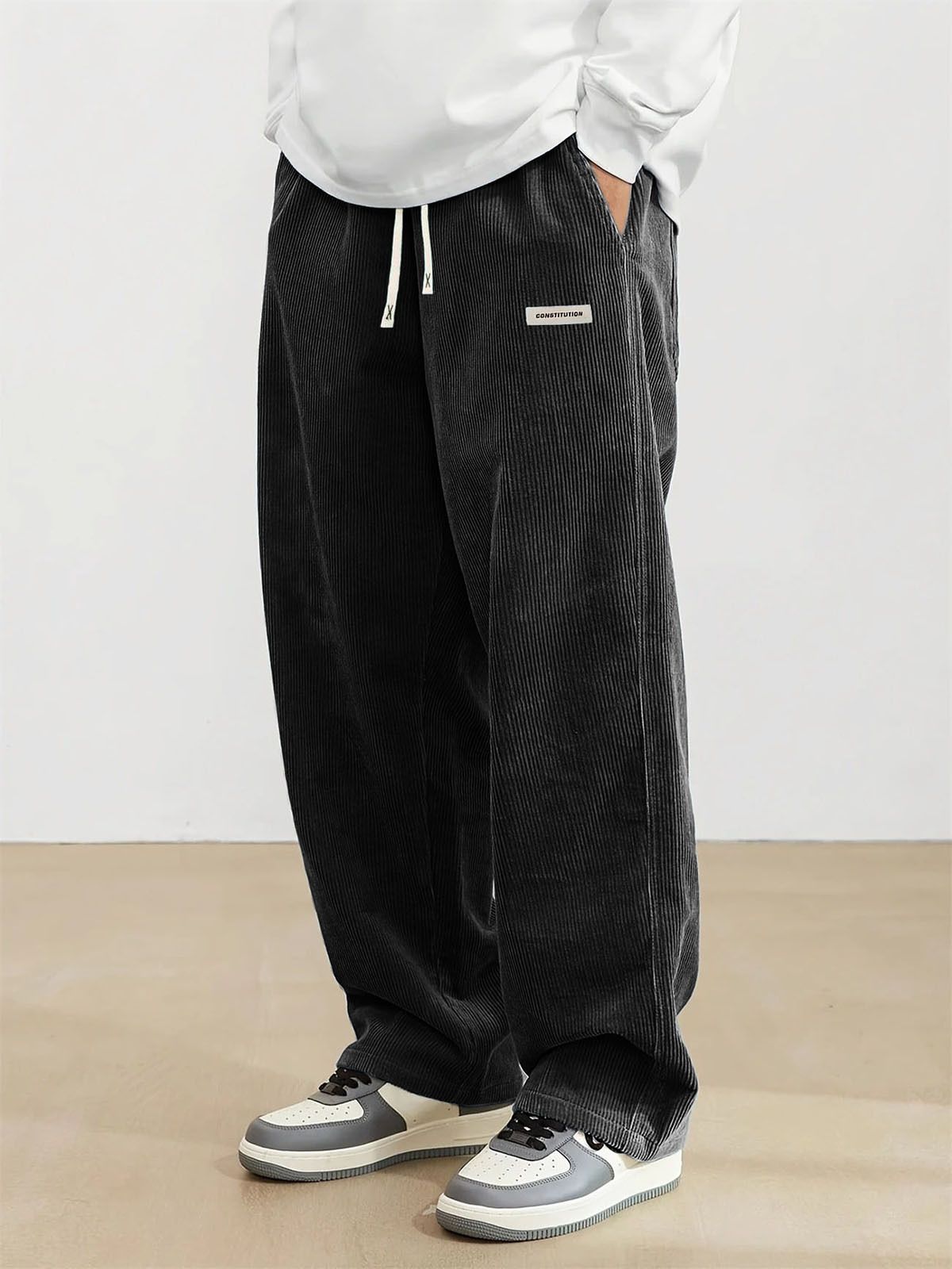 Men's Corduroy Casual Pants High Street Fashion Retro Straight Trousers Black Blue Mid Waist Drawstring Shorts_viptrois.com