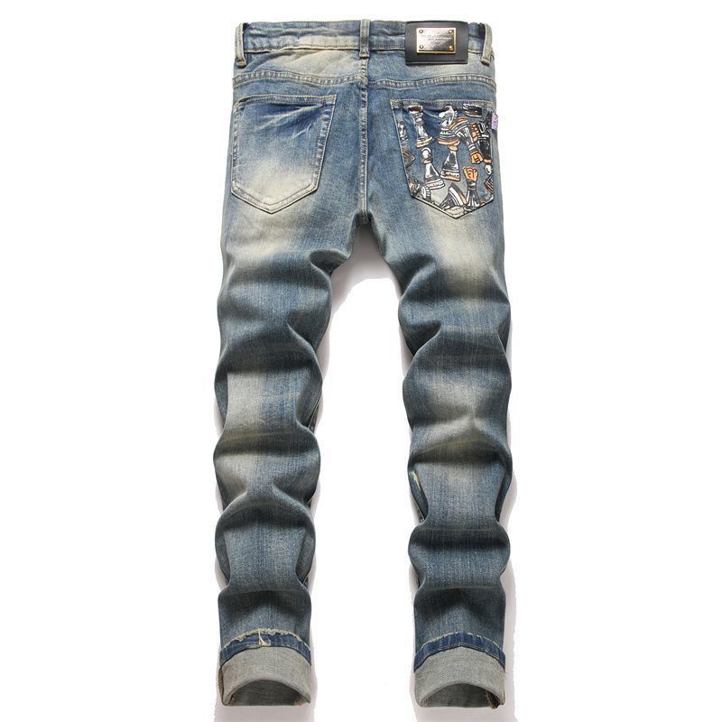Men's Stretch Denim Jeans With Punk-Inspired Print & Destructive Details - Slim Fit Retro Blue Denim Pants With Whisker Effects_viptrois.com