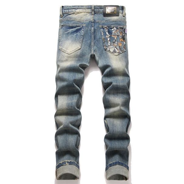 Men's Stretch Denim Jeans With Punk-Inspired Print & Destructive Details - Slim Fit Retro Blue Denim Pants With Whisker Effects_viptrois.com