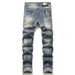 Men's Stretch Denim Jeans With Punk-Inspired Print & Destructive Details - Slim Fit Retro Blue Denim Pants With Whisker Effects_viptrois.com