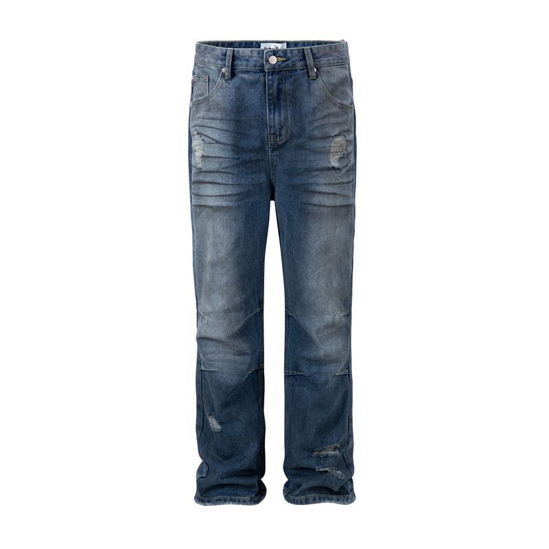 Men's Clothing Street Washed Bamboo Pattern Distressed Dirty Dark Blue Straight Flared Ripped Jeans_viptrois.com