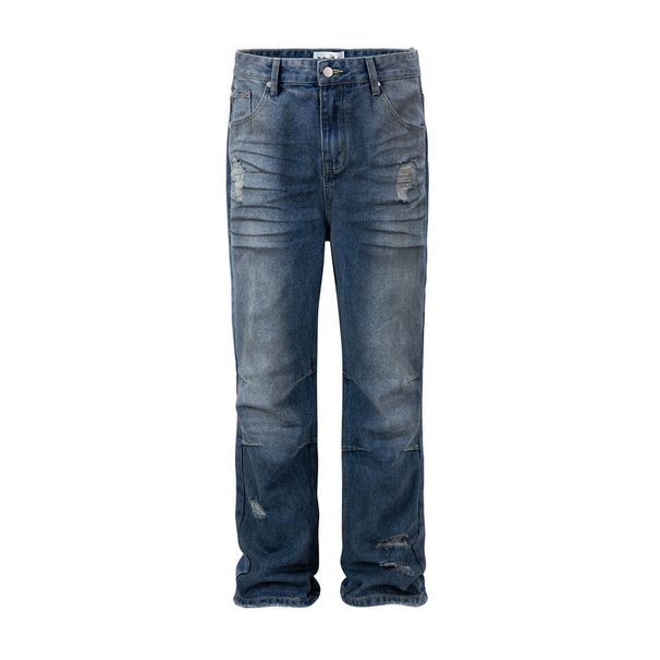 Men's Clothing Street Washed Bamboo Pattern Distressed Dirty Dark Blue Straight Flared Ripped Jeans_viptrois.com