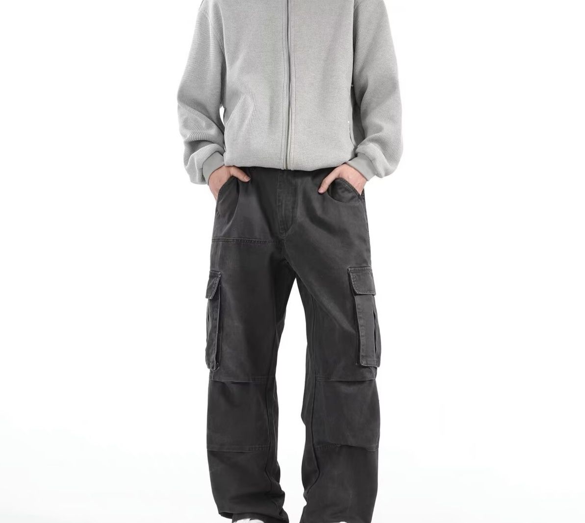 Men's Cargo Pants Workwear Vintage Style Loose Fit Straight Leg Multi-Pocket Casual Trousers For Spring Autumn (Green, Gray)_viptrois.com
