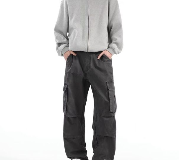 Men's Cargo Pants Workwear Vintage Style Loose Fit Straight Leg Multi-Pocket Casual Trousers For Spring Autumn (Green, Gray)_viptrois.com