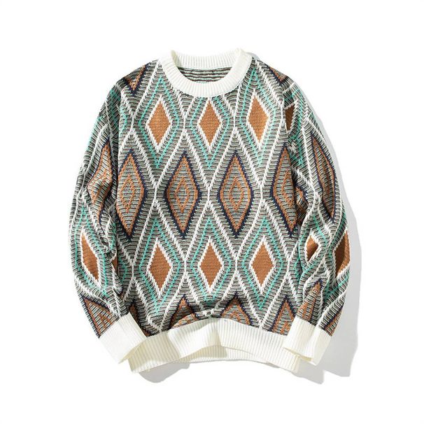 2025 High Quality Fashion European-USA Vintage Knitwear Pullovers Men Round Collar Long Sleeve Casual Loose Retro Chevron Jacquard Color Clash Sweater_viptrois.com