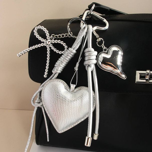 Luxury Silver PU Heart Shape Bow Keychain Charm - Fashionable Bag & Purse Accessory, Perfect Gift For Women & Girls_viptrois.com