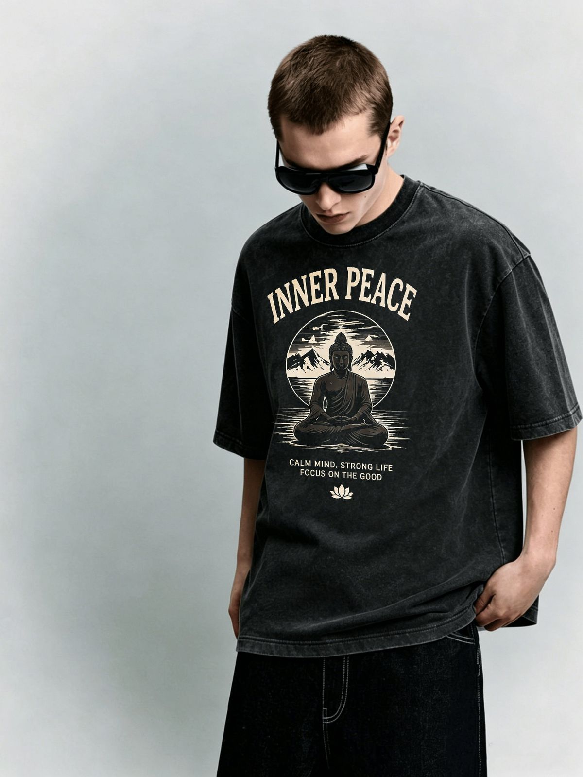 Buddha Lotus Inner Peace Heavyweight Washed Graphic T-Shirt Men's Oversized Streetwear Tee_viptrois.com