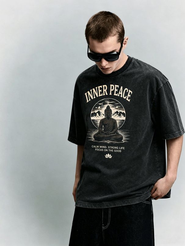 Buddha Lotus Inner Peace Heavyweight Washed Graphic T-Shirt Men's Oversized Streetwear Tee_viptrois.com