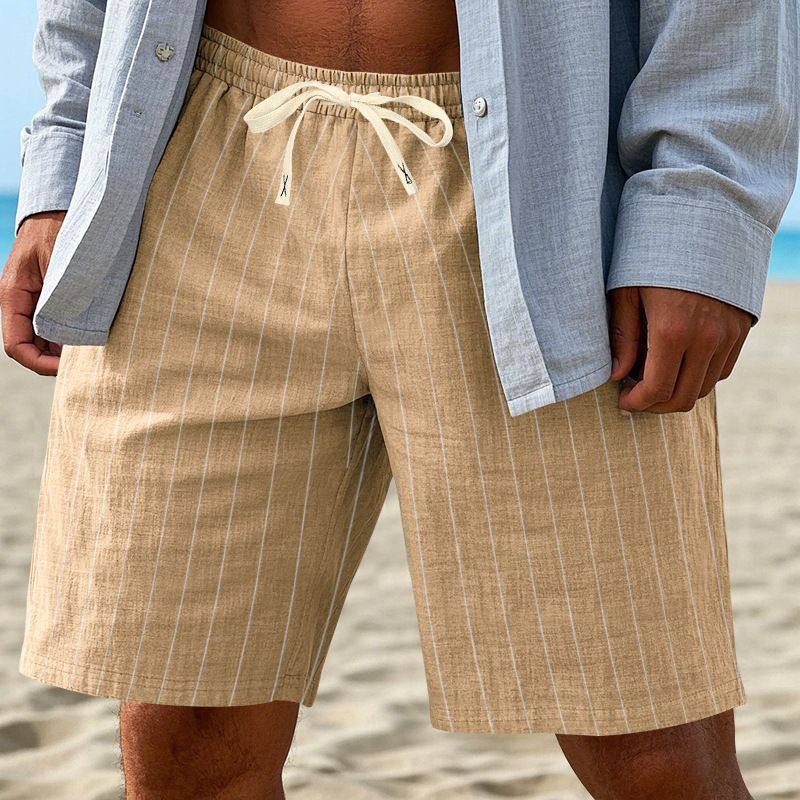 Men's Drawstring Linen-Blend Casual Shorts, Lightweight Breathable Beach Walking Holiday Trousers With Pockets, Comfortable Elastic Waist Summer_viptrois.com