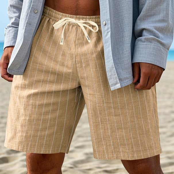 Men's Drawstring Linen-Blend Casual Shorts, Lightweight Breathable Beach Walking Holiday Trousers With Pockets, Comfortable Elastic Waist Summer_viptrois.com