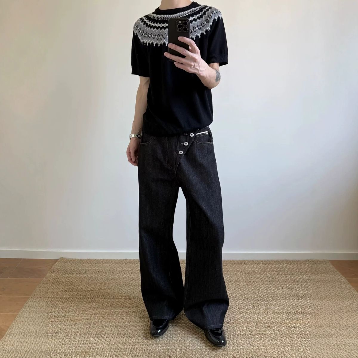 Unisex American Style Trendy Retro Raw Denim Patchwork Jeans Straight Leg Loose Fitting Wide Leg Black Trousers_viptrois.com